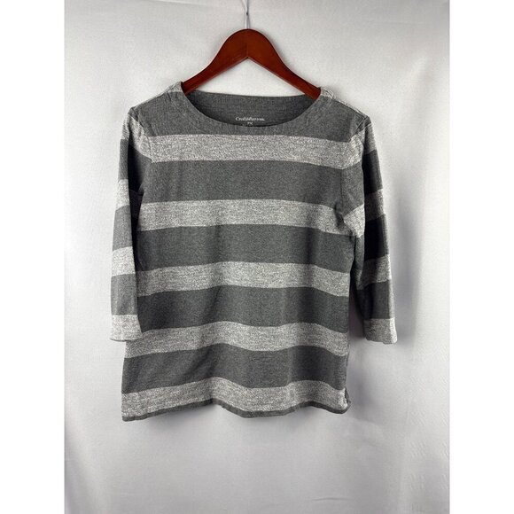 Croft & Barrow Womens Petite Medium Gray & White Striped 3/4 Sleeve Top Cotton - Picture 2 of 6